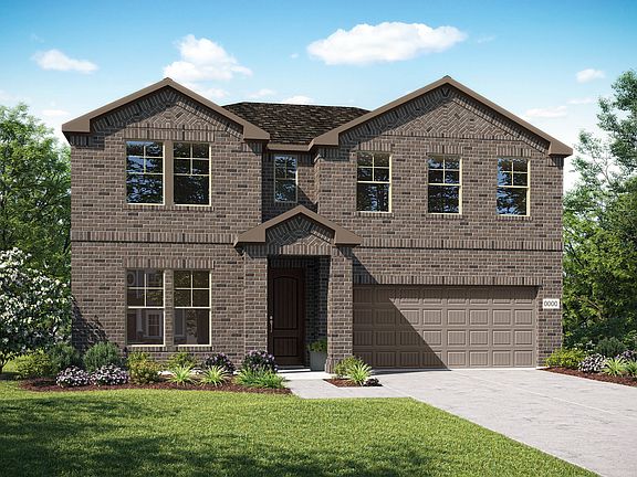 Elevation B is a two story full brick home design with herringbone brick details at gables. Many des
