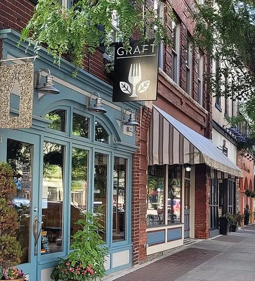 Building front, with awning.