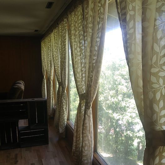 Living room windows and curtains from dining room door