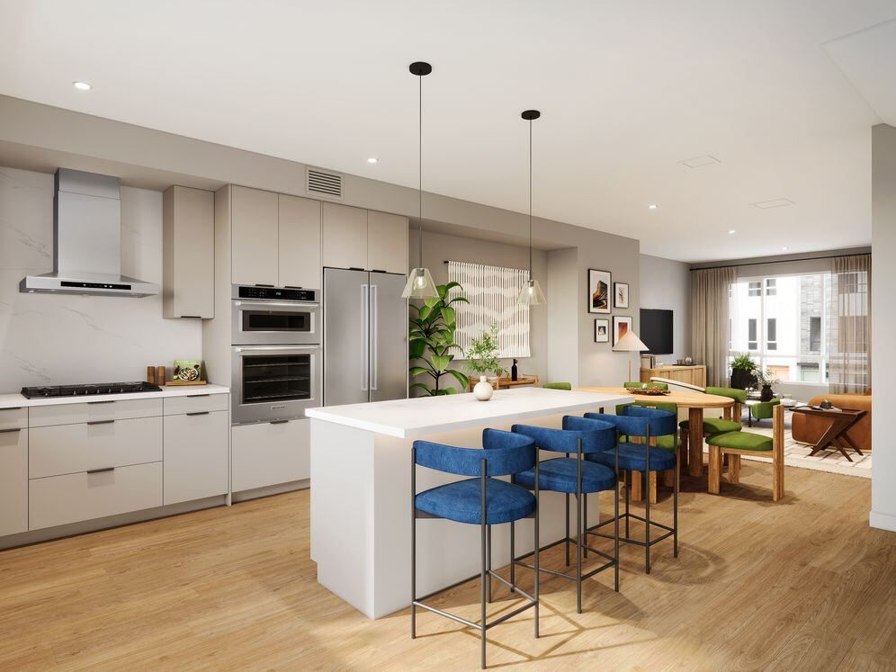 Signature Collection I 4-Bedroom Townhome kitchen with upgraded stainless steel appliances, pendant lighting, and more (Rendering)