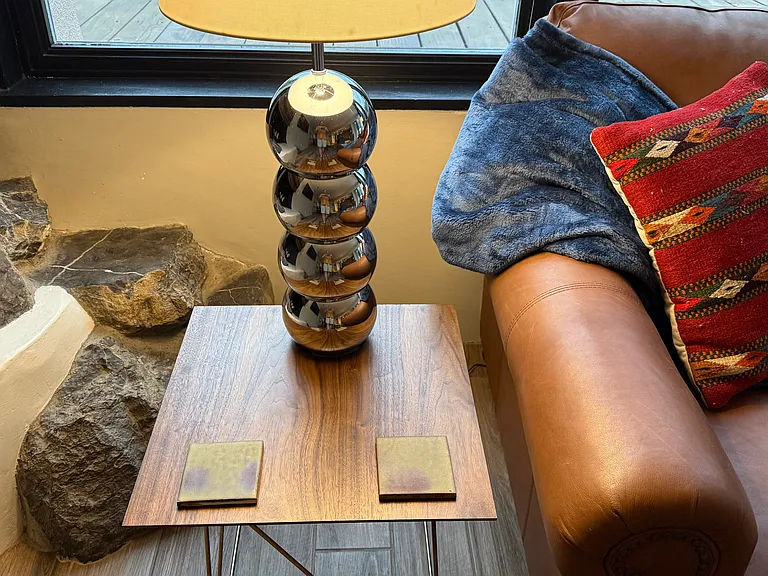 Walnut end tables and mid century lamps
