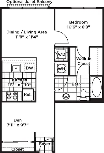 Floor plan 1 Bedroom 1 Bath + Den - AD1 Affordable 80%