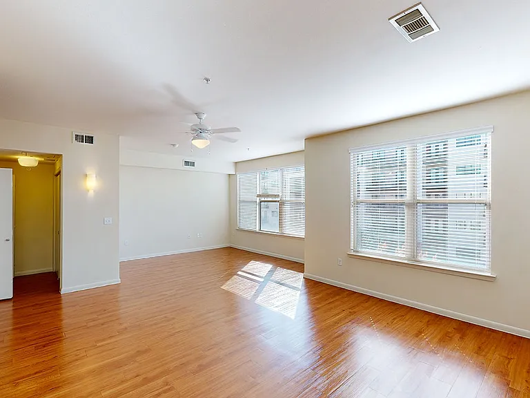 Apartment living room with wood-style flooring.