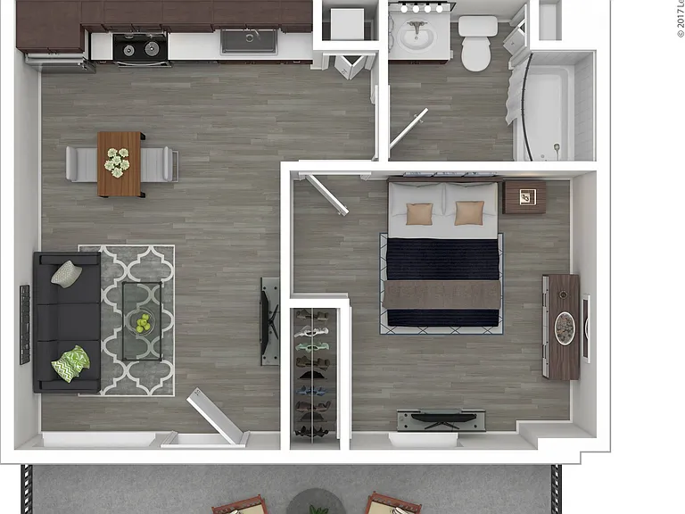 This courtyard-level one-bedroom home features a private gated entrance opening into a generous outdoor living area. Once inside, you will enjoy an open floor plan with nine-foot ceilings, a fully equipped efficiency kitchen with stainless steel appliance