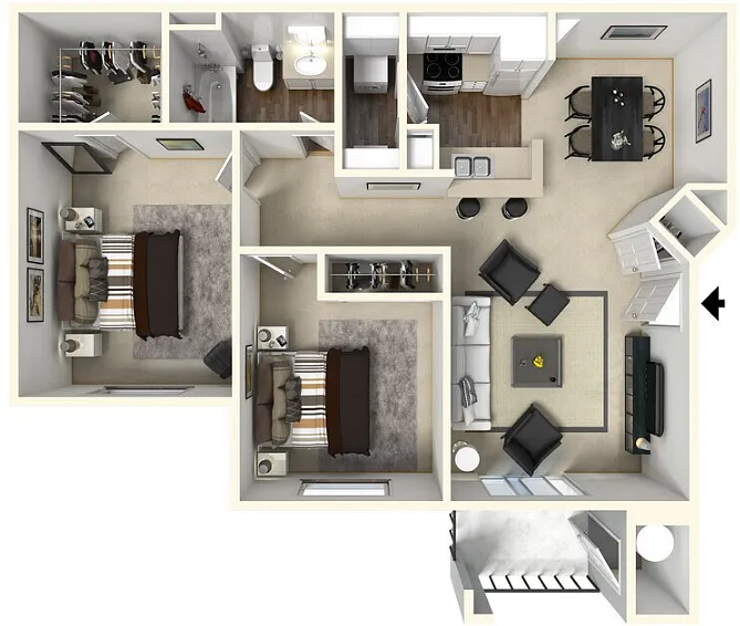Floor plan Two Bedrooms, 1 Bath 919 SqFt