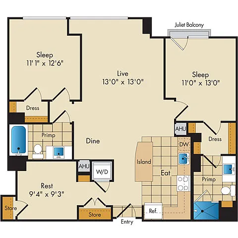 Floor plan 2 Bed 2 Bath w Den-BD2b