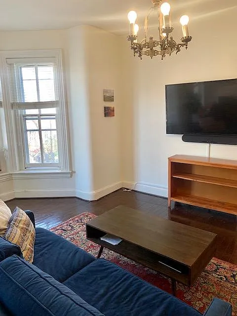 Sofa, coffee table and TV in the living room