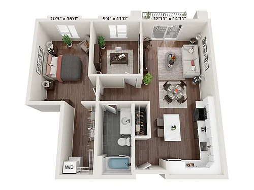 Floor plan One Bedroom plus Den 1B-3