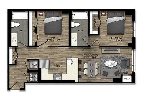 Floor plan 1 Bed/2 Bath Den-25W
