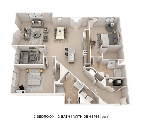 Floor plan Two Bedroom 2 Bath w/ Den- 1661 sqft