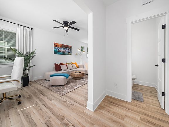 Entrance to living room, showing guest bathroom