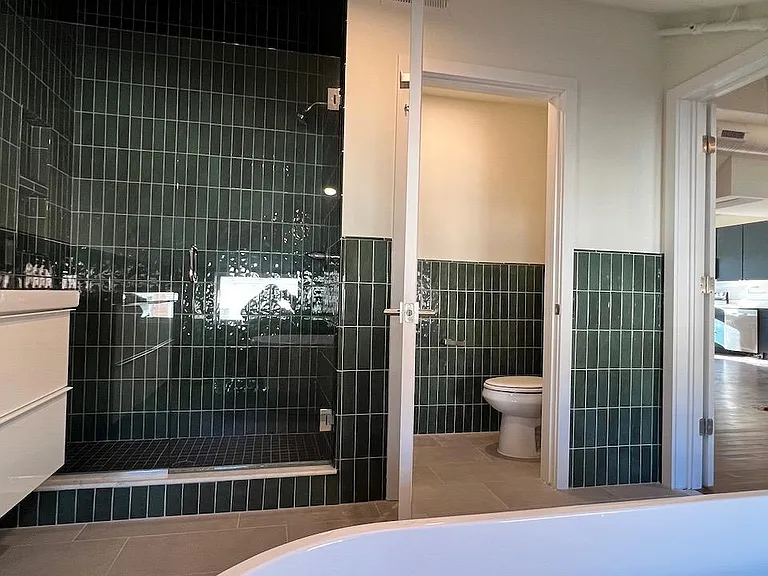 Bathroom - Walk-in Shower (l) and Water Closet/Toilet (r) with Vanity and Soaking Tub in foreground.