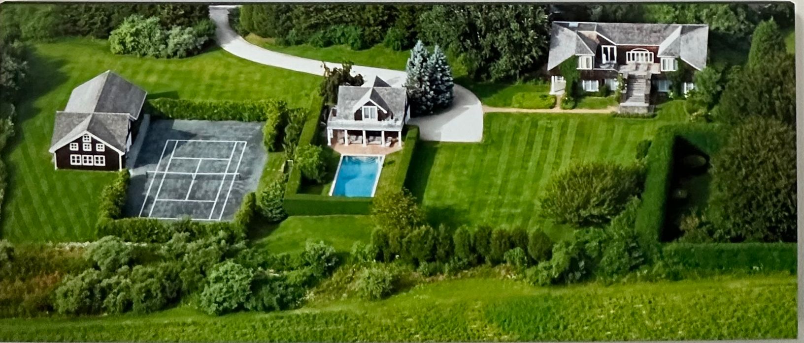  Main house pool house/garage and tennis ( barn to the left with gym, pool table, basketball hoop)