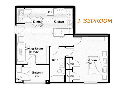 Floor plan 1 Bedroom, 1 Bath B