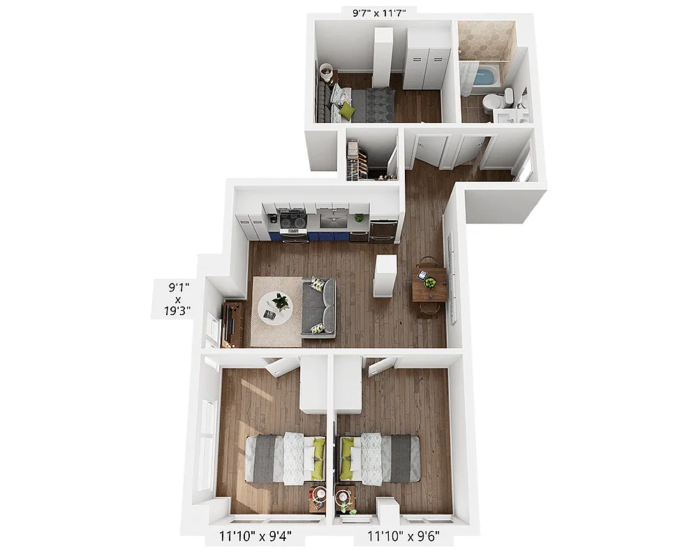 Floor plan Two Bedroom Den B1AD