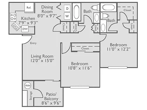 Floor plan 2 Bed, 2 Bath