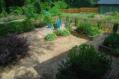 Raised beds and pea rock ground cover