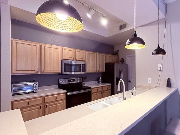 Kitchen high counter with lights.