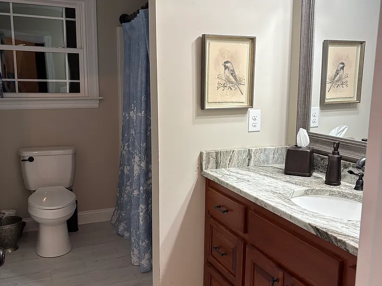 The shared hall bathroom with tub and shower.