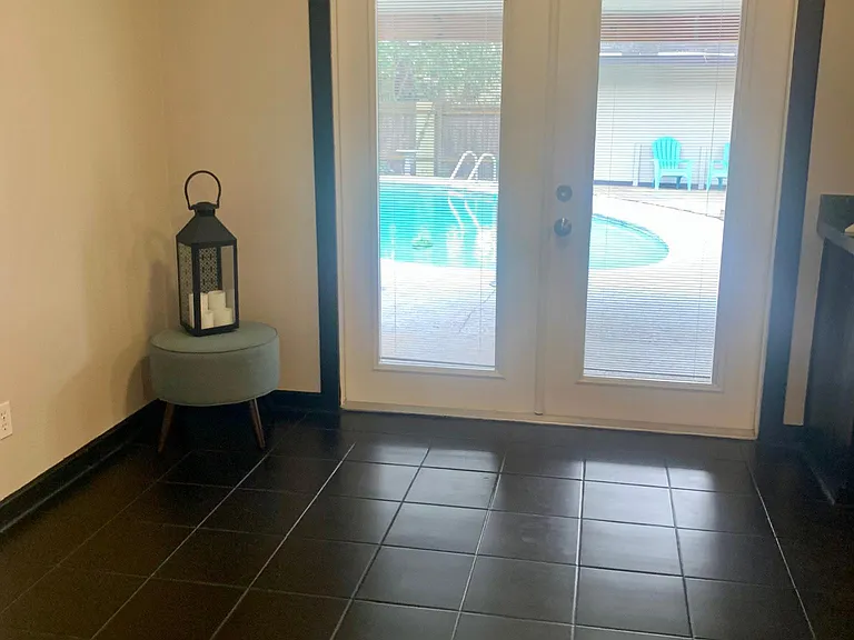 kitchen dining area space with pool view