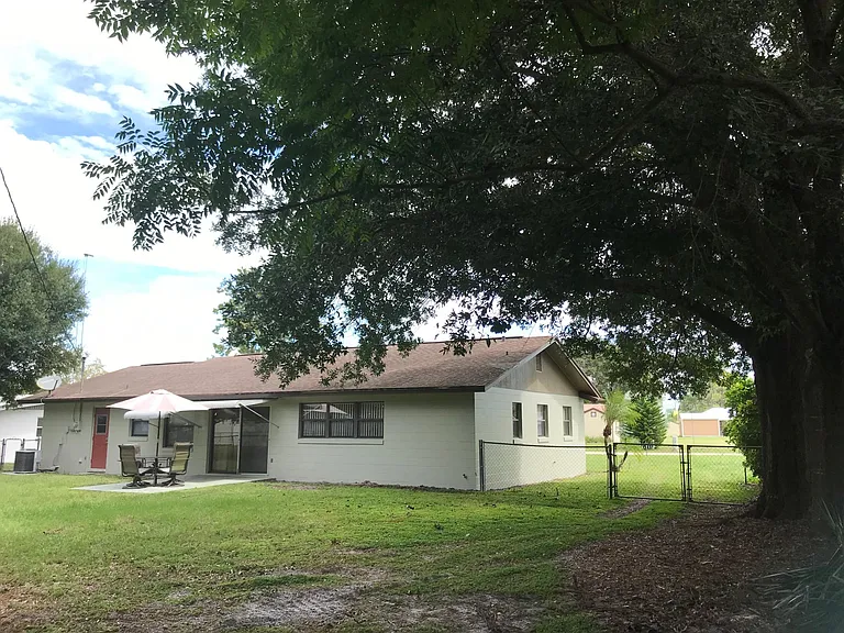 Large fenced yard with fruit and shade trees.