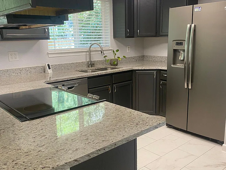 Kitchen w/ s/s fridge/freezer, glass-top stove/oven and dishwasher