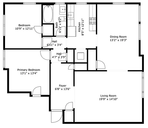 Floor plan Large 2-bed 1-bath with dining room
