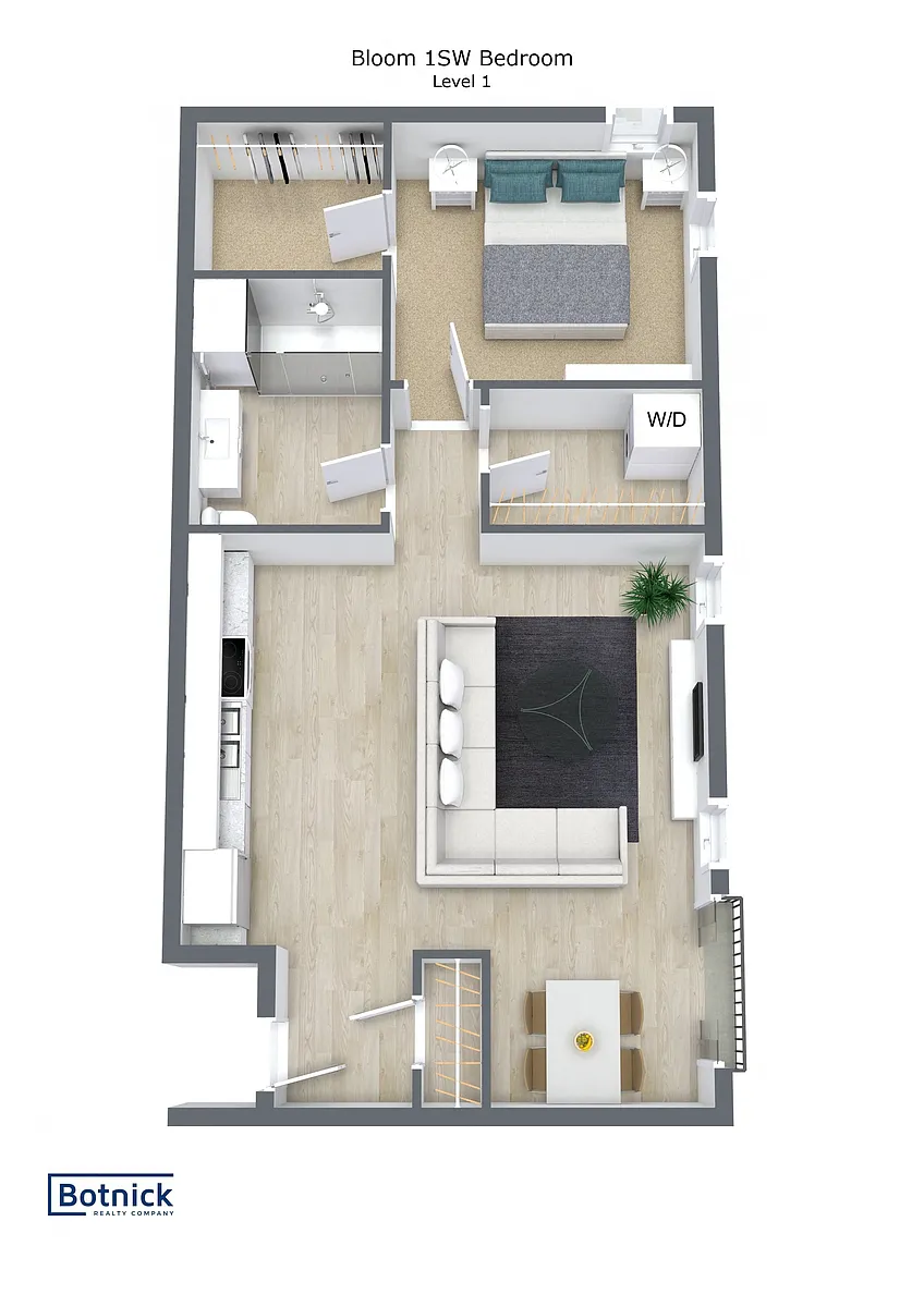 Floor plan SW Corner One-Bedroom