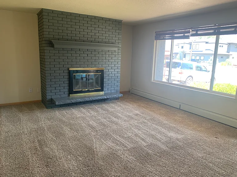 Living room with wood burning fireplace