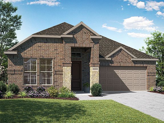 Elevation E is a single story with brick and stone home design with with herringbone brick pattern a