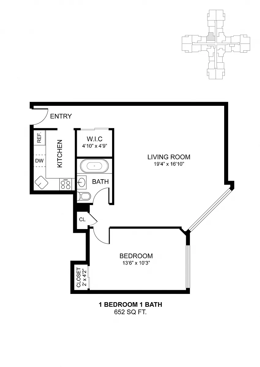 Floor plan 1 Bdrm 652 Sq Ft