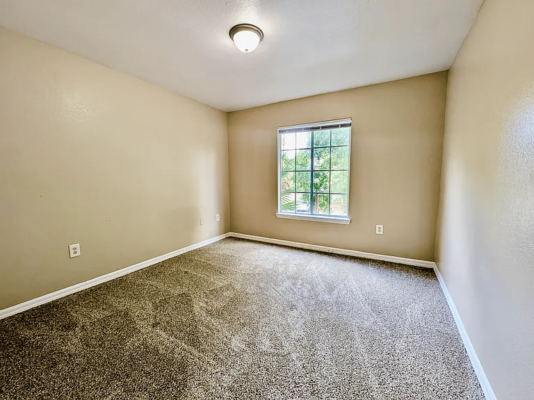 Bright and inviting bedroom with plush carpeting and a large window showcasing a peaceful greenery view.