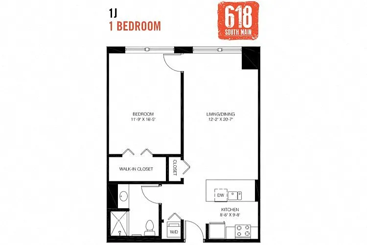 Floor plan 1 Bedroom 1 Bath 796 sq. ft.