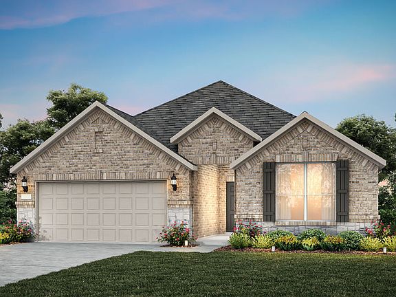 Exterior B of the Blue Sky, a one-story home with 2-car garage and shutters