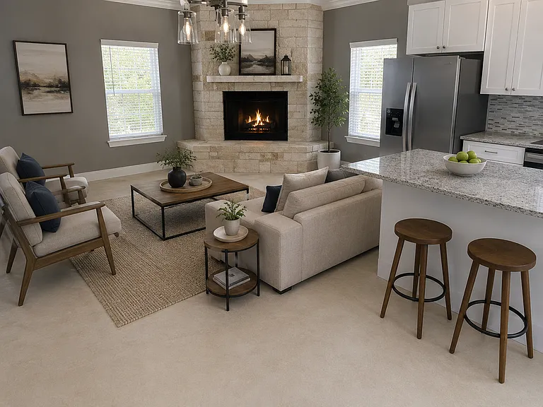 Virtually staged photo. Could be a really comfortable living/dining area.