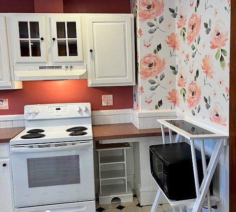 More shelves underneath counter and microwave with additional shelving. Glass front doors above oven fan/light