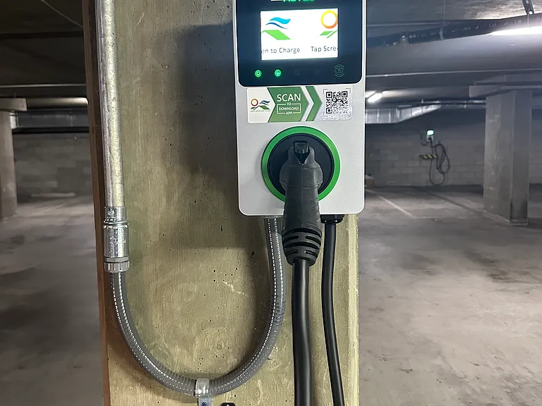EV stations included for each parking space. No monthly fee. The only charge is for usage.