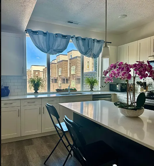 View outside of window from kitchen with large island