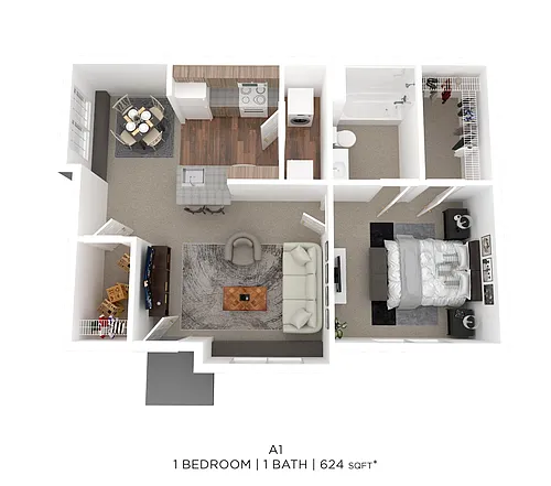 Floor plan One Bed One Bath 624 Sqft
