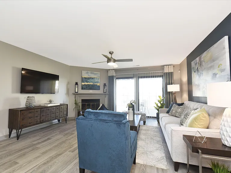 Spacious living room with hardwood-style flooring