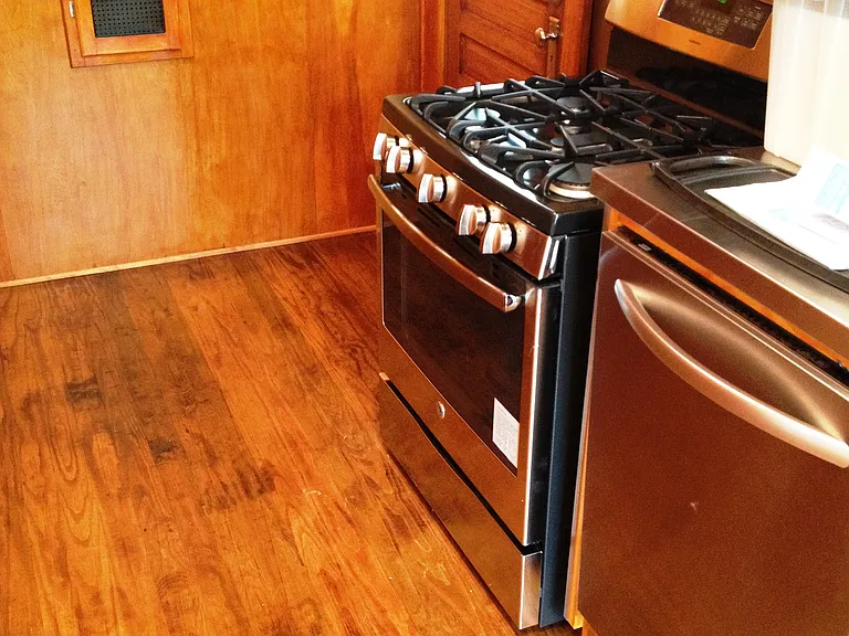 View of kitchen toward back door.