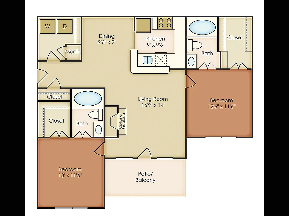 Floor plan 2 Bed, 2 Bath B (80% Income Restricted)