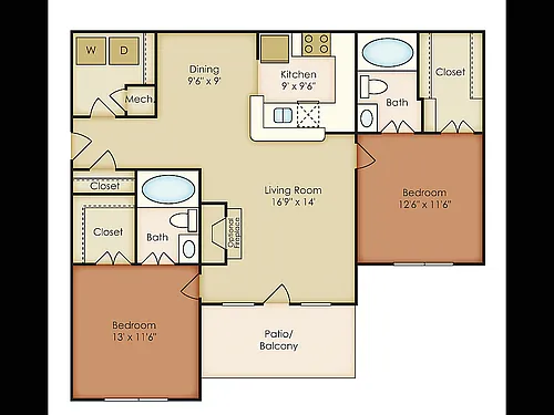 Floor plan 2 Bed, 2 Bath B Upgraded (80% Income Restricted)
