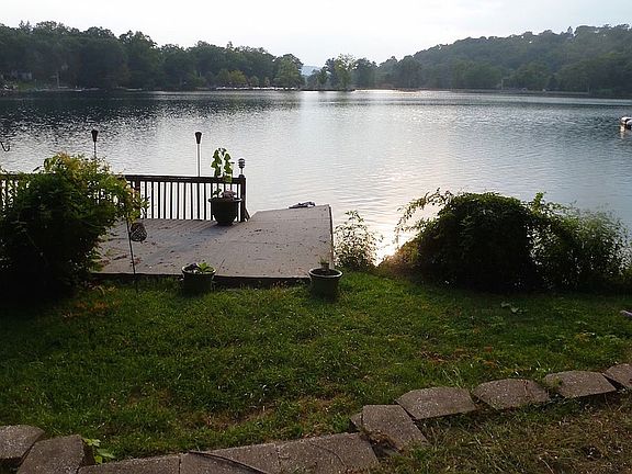 Dock on lake in backyard