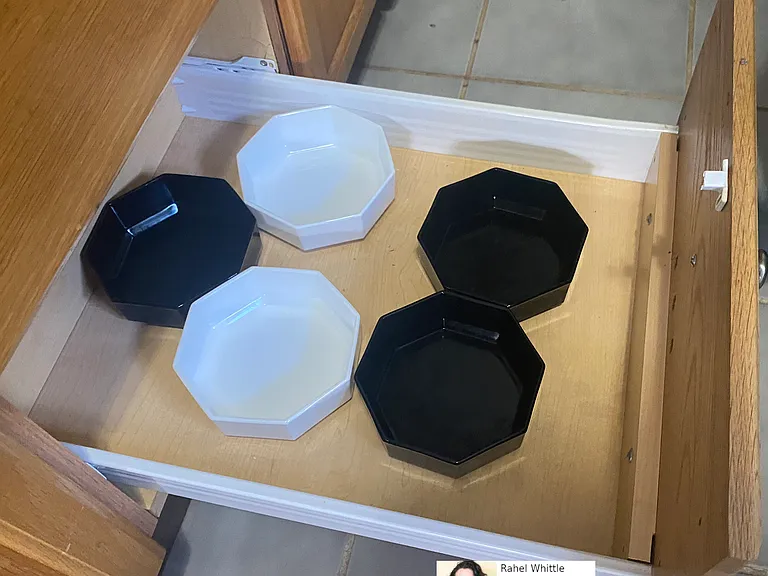 fully stocked kitchen, appliances, dish ware