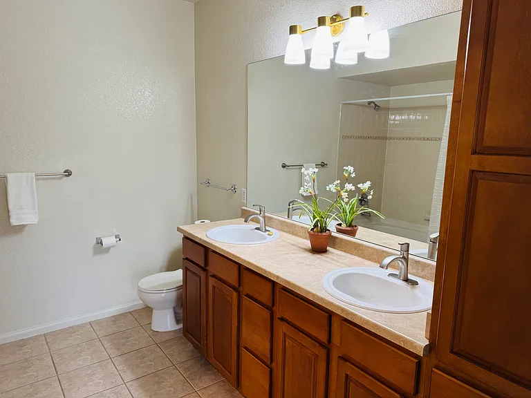 Master bathroom with dual sinks, shower, and lots of cabinetry