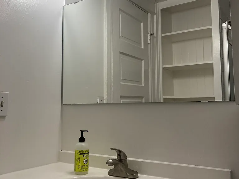 Bathroom vanity - storage visible behind door in mirror