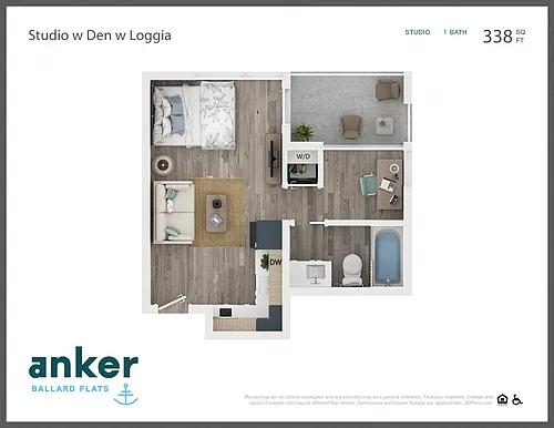 Floor plan Studio with Den & Loggia