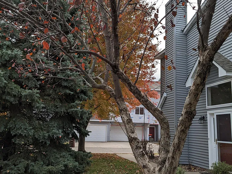 End unit with trees, patio