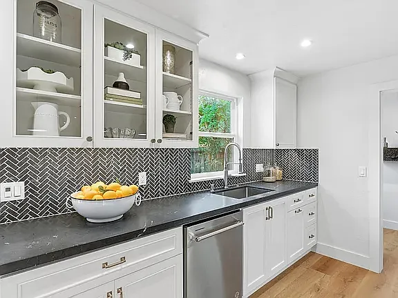 custom "Herringbone" backsplash, quartz counters